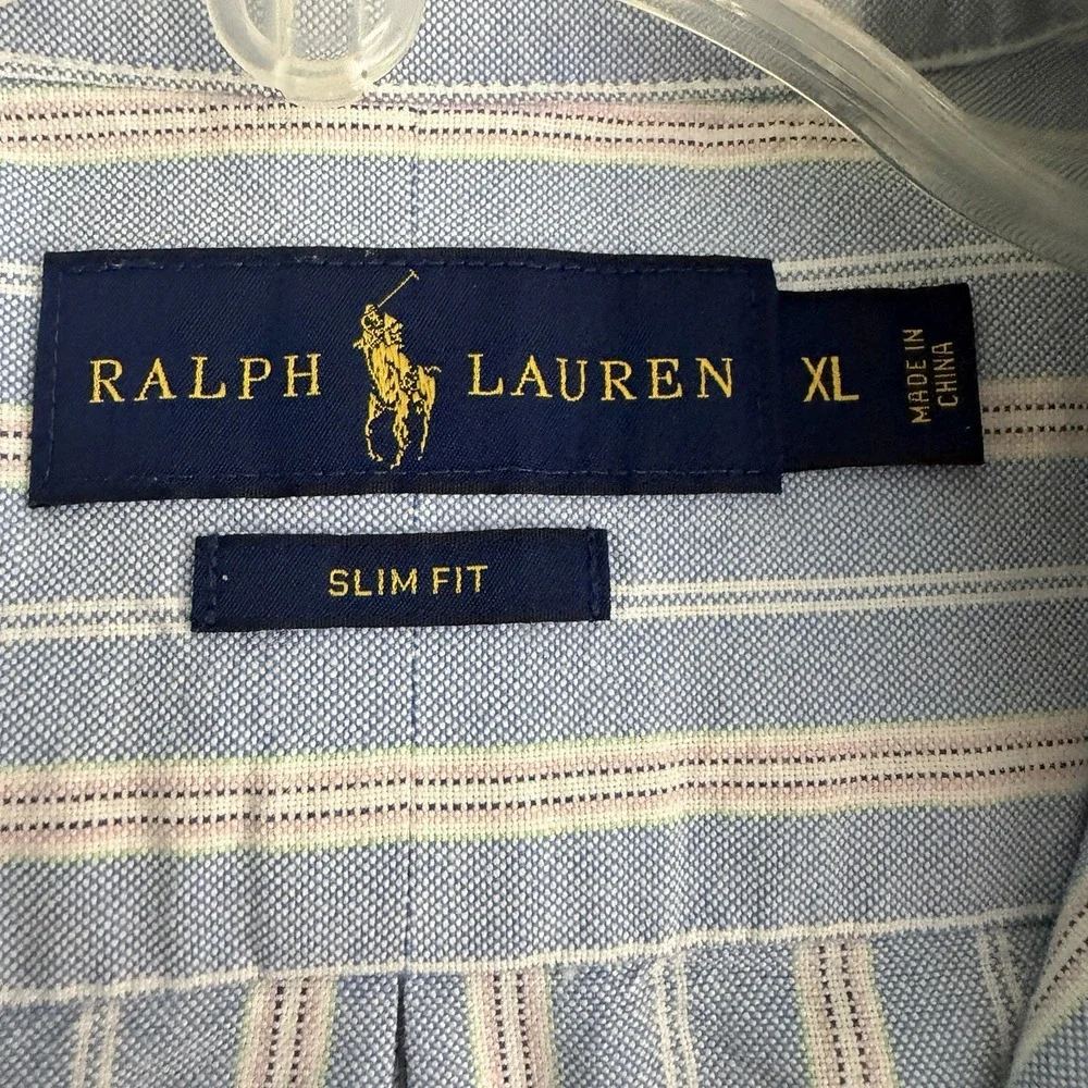Polo Ralph Lauren Mens XL Slim Fit Oxford Shirt Blue Stripe Flesh Pony Preppy